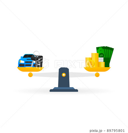 Flat illustration with gold money scale car. Vector flat people illustration 89795801