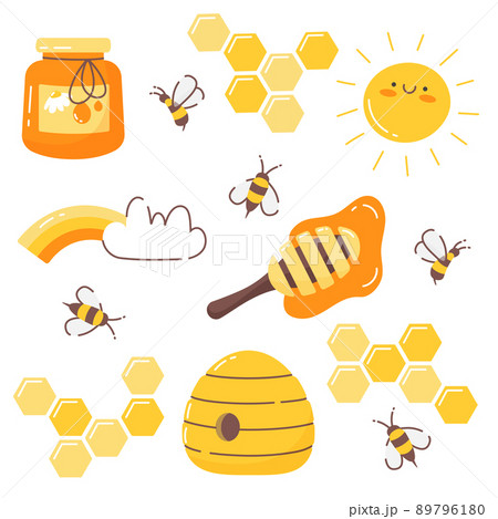 Honey set. Bees, honeycomb, beehive, sun, honey. Vector image on a white background. 89796180