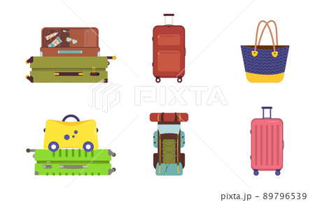 A set of suitcases for vacation and travel. Summer goods for tourists. Luggage bag and backpack. Vector illustration 89796539