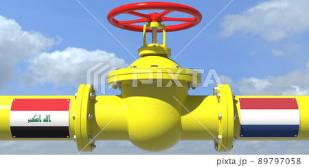 IRAQ NETHERLANDS oil or gas transportation concept, pipe with valve. 3D rendering IRAQ NETHERLANDS oil or gas transportation concept, pipe with valve. 3D rendering 89797058