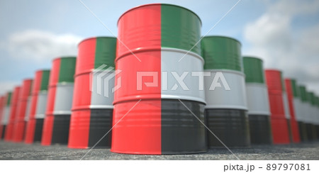 Many barrels with flag of the UAE. Oil or chemical industry supply related 3D rendering 89797081