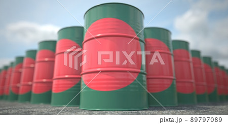 Barrels or oil drums with flag of Bangladesh. Petroleum or chemical industry related 3D rendering 89797089