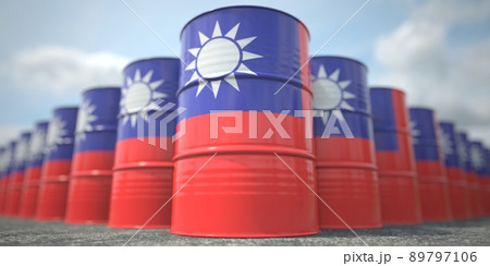 Flag of Taiwan on the barrels or steel drums. Chemical or oil industry related 3D rendering Flag of Taiwan on the barrels or steel drums. Chemical or oil industry related 3D rendering 89797106