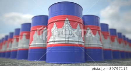 Many barrels with flag of Cambodia. Oil or chemical industry supply related 3D rendering Many barrels with flag of Cambodia. Oil or chemical industry supply related 3D rendering 89797115