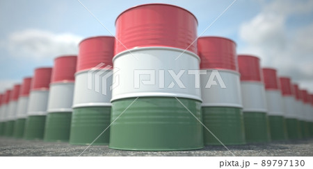 Many barrels with flag of Hungary. Oil or chemical industry supply related 3D rendering 89797130