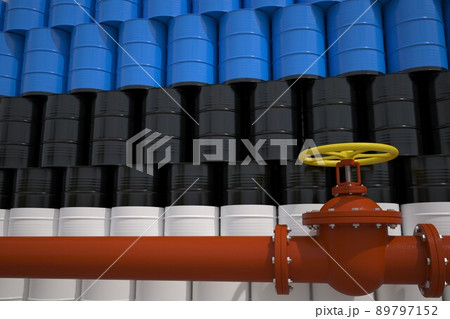 Barrels with painted flag of Estonia and oil transportation pipe. 3d rendering 89797152