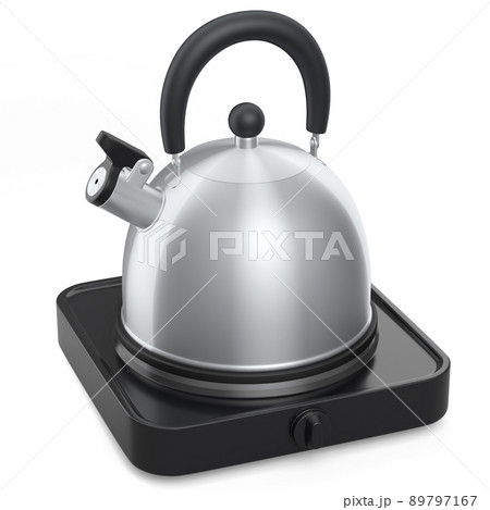 Portable camping electric stove and kettle with whistle on white background. 89797167