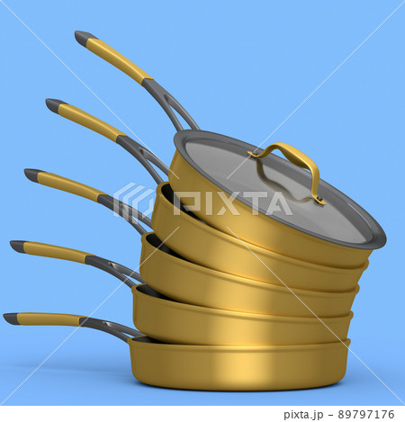 Stack of frying pan with glass lid on blue, non-stick kitchen utensils 89797176