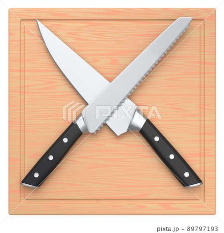 Chef's kitchen knives on a wooden board isolated on white background. Chef's kitchen knives on a wooden board isolated on white background. 89797193