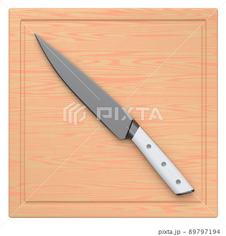 Chef's kitchen knife on a wooden board isolated on white background. Chef's kitchen knife on a wooden board isolated on white background. 89797194