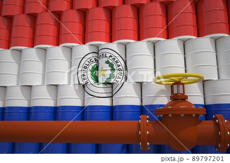 Many barrels with flag of Paraguay and oil pipe. 3d rendering Many barrels with flag of Paraguay and oil pipe. 3d rendering 89797201