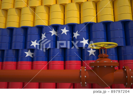 Many barrels with flag of Venezuela and oil pipe. 3d rendering 89797204