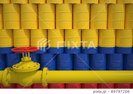 Gas pipe and barrels with petrochemicals with flag of Colombia. Petroleum industry related 3d rendering Gas pipe and barrels with petrochemicals with flag of Colombia. Petroleum industry related 3d rendering 89797206