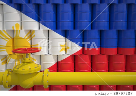 Many barrels with petrochemicals with flag of the Philippines and gas pipe. 3d rendering Many barrels with petrochemicals with flag of the Philippines and gas pipe. 3d rendering 89797207