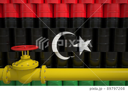 Gas pipe and barrels with petrochemicals with flag of Libya. Petroleum industry related 3d rendering Gas pipe and barrels with petrochemicals with flag of Libya. Petroleum industry related 3d rendering 89797208