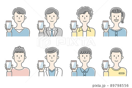 手描き風・スマートフォンの画面を見せる笑顔の男性のベクターイラストセット 89798556