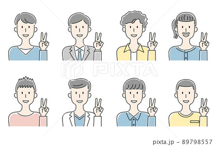 手描き風・笑顔でブイサインをする男性のベクターイラストセット 手描き風・笑顔でブイサインをする男性のベクターイラストセット 89798557