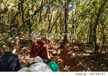 two friends enjoying the beautiful views of a natural setting. young people on holiday. women on a mountain trail. 89799707