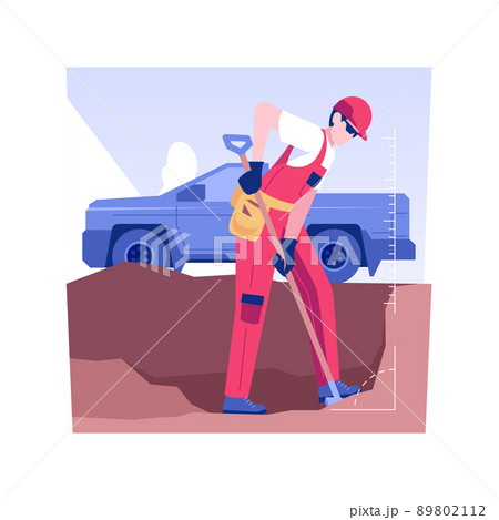 Digging trenches isolated concept vector illustration. Repairman digs a trench to install a drainage system, private house building, residential construction, exterior works vector concept. 89802112