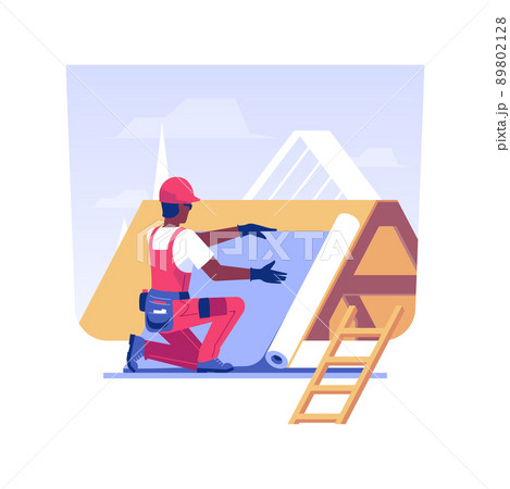 Installing roof underlayment isolated concept vector illustration. Handyman with roofing felt, roofing paper, private house building process, moisture barrier installation vector concept. 89802128