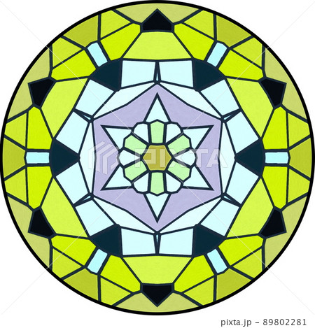 万華鏡風の対称的な幾何学模様の黒縁円形画像 89802281