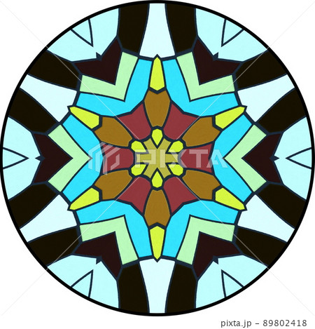 万華鏡風の対称的な幾何学模様の黒縁円形画像のイラスト素材 [89802418