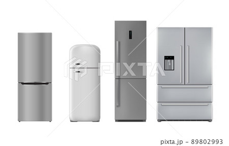 Realistic kitchen refrigerator, isolated vector fridge machines, freezers. Modern and retro 3d appliances with digital display and dispenser for water, gray or silver metal devices front view Realistic kitchen refrigerator, isolated vector fridge machines, freezers. Modern and retro 3d appliances with digital display and dispenser for water, gray or silver metal devices front view 89802993