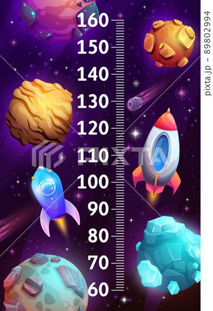 Galaxy space rockets and planets. Kids height chart. Children growth meter ruler, child height measure scale or growth chart with alien planets, meteorite and nebula stars, flying fantasy spaceships Galaxy space rockets and planets. Kids height chart. Children growth meter ruler, child height measure scale or growth chart with alien planets, meteorite and nebula stars, flying fantasy spaceships 89802994
