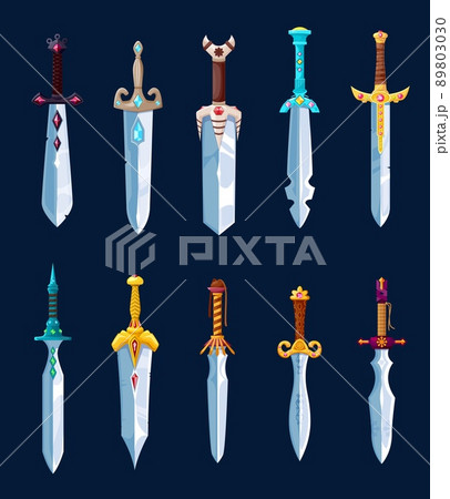 Magical swords, cartoon steel blades, rapier and glavie, sabre, broadsword. Vector dagger and stiletto knight decorated with precious gems, warrior weapon Ui game asset, isolated magic armor 89803030