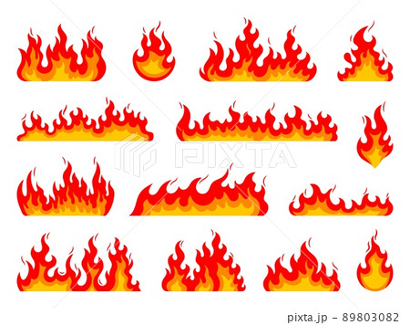 Cartoon fire flames, bonfire, fire, isolated vector campfire or torch burning blaze. Glowing shining flare borders with long waving tongues. Ignition stripes of fire flames 89803082