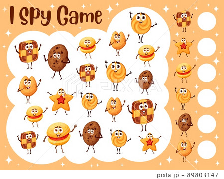I spy game worksheet. Cartoon bakery and cookies characters. Child counting puzzle, children educational riddle objects searching and counting task or kids math quiz vector with dessert and pastry I spy game worksheet. Cartoon bakery and cookies characters. Child counting puzzle, children educational riddle objects searching and counting task or kids math quiz vector with dessert and pastry 89803147