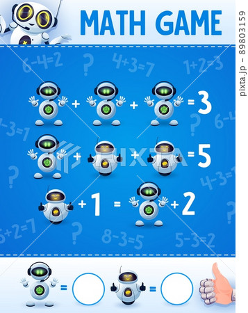 Cartoon robots and droids on math game worksheet. Education maze, kids mathematical riddle or puzzle with addition, calculation task. Children math playing activity worksheet with funny droids Cartoon robots and droids on math game worksheet. Education maze, kids mathematical riddle or puzzle with addition, calculation task. Children math playing activity worksheet with funny droids 89803159