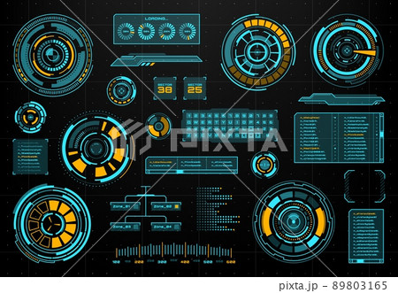 HUD futuristic infographics and screen interface panels with speedometer, visual data and loading bar, keypad and info box set. HUD interface vector frame, neon virtual panels and electronic graphs HUD futuristic infographics and screen interface panels with speedometer, visual data and loading bar, keypad and info box set. HUD interface vector frame, neon virtual panels and electronic graphs 89803165
