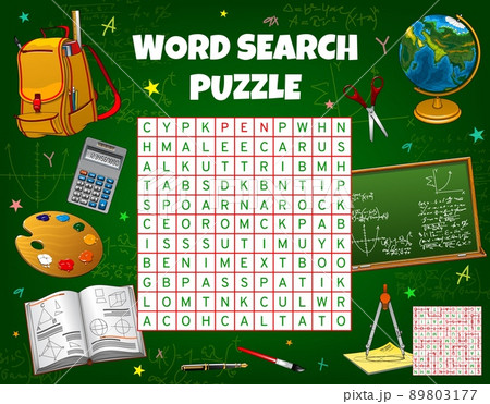 School stationery word search puzzle game worksheet, kids quiz. Vector brainteaser crossword grid with chalkboard, palette, pen and paintbrush, backpack, scissors, textbook, globe and calculator 89803177