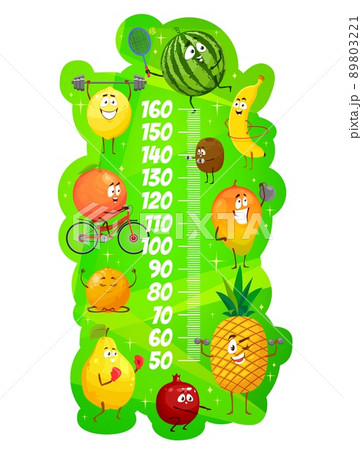 Kids height chart funny fruits growth meter. Vector wall sticker with cartoon funny characters lemon, watermelon, banana, mango, pineapple, garnet, quince, orange, mandarin and lemon ruler Kids height chart funny fruits growth meter. Vector wall sticker with cartoon funny characters lemon, watermelon, banana, mango, pineapple, garnet, quince, orange, mandarin and lemon ruler 89803221