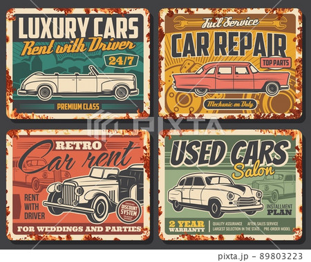 Car service rusty metal plates, vector vintage metal signs. Mechanic repair garage station and restoration works. Vehicle spare parts replacement, car service and rent, used cars store 89803223