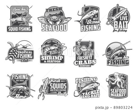 Sea fishing and seafood market isolated vector icons. Fisher tackle for sea crab, ocean marlin and squid, turtle and octopus. Fishing club, sea food catch and fishery store monochrome emblems set 89803224