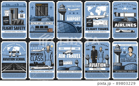 Aviation, air travel and airport vector posters. Plane or airplane on runway, airline flight tickets and passport, traffic control tower, pilot and stewardess, baggage and passenger aircraft terminal Aviation, air travel and airport vector posters. Plane or airplane on runway, airline flight tickets and passport, traffic control tower, pilot and stewardess, baggage and passenger aircraft terminal 89803229