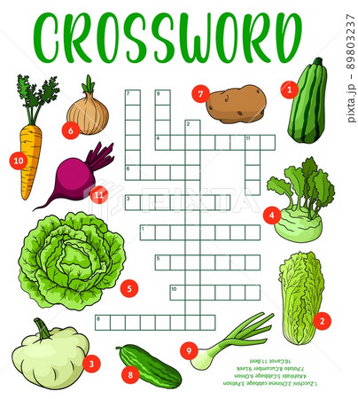 Cartoon raw farm isolated vegetables on crossword puzzle worksheet, vector word quiz. Kids education riddle grid game to guess word of zucchini, Chinese cabbage and patison, kohlrabi and onion 89803237