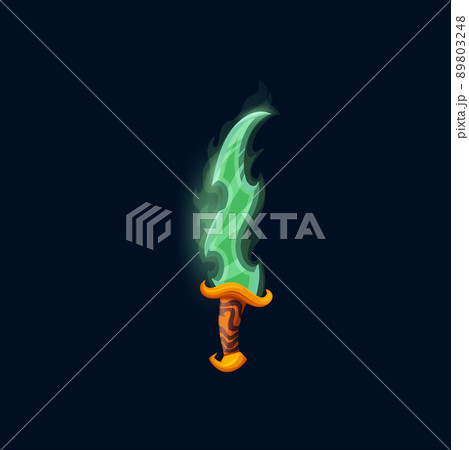 Fantasy elvish magic sword with green wavy blade covered with magician haze and decorated gold handle. Cartoon medieval vector elven dagger or saber, knight weapon icon, rpg game single ui asset 89803248