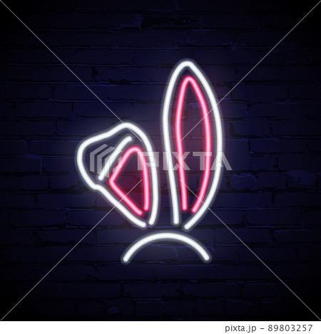 Pink and white neon rabbit ears isolated on dark brick background. Vector illustration. Pink and white neon rabbit ears isolated on dark brick background. Vector illustration. 89803257