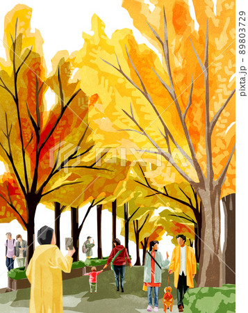 秋の色づいた紅葉銀杏並木の手描き水彩風イラスト 秋の色づいた紅葉銀杏並木の手描き水彩風イラスト 89803729