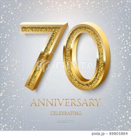 70th Anniversary Celebrating golden text and confetti on light blue background. Vector celebration 70 anniversary event template. 89803864