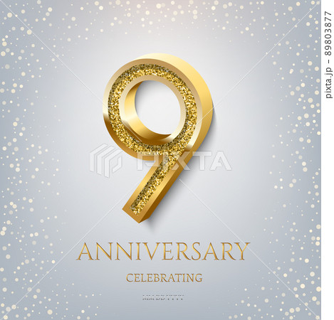 9th Anniversary Celebrating golden text and confetti on light blue background. Vector celebration 9 anniversary event template. 89803877