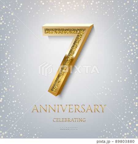 7th Anniversary Celebrating golden text and confetti on light blue background. Vector celebration 7 anniversary event template. 89803880