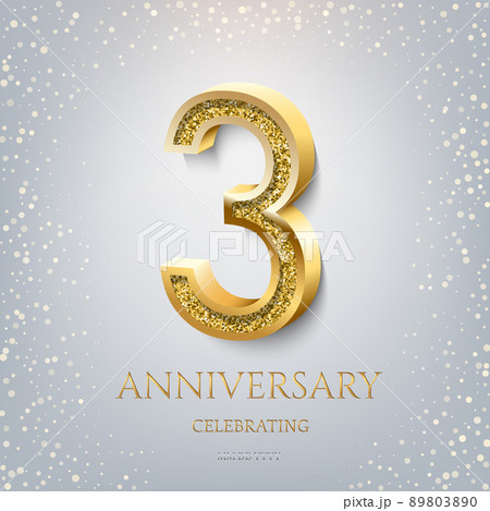 3rd Anniversary Celebrating golden text and confetti on light blue background. Vector celebration 3 anniversary event template. 89803890