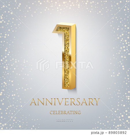 1st Anniversary Celebrating golden text and confetti on light blue background. Vector celebration 1 anniversary event template. 89803892
