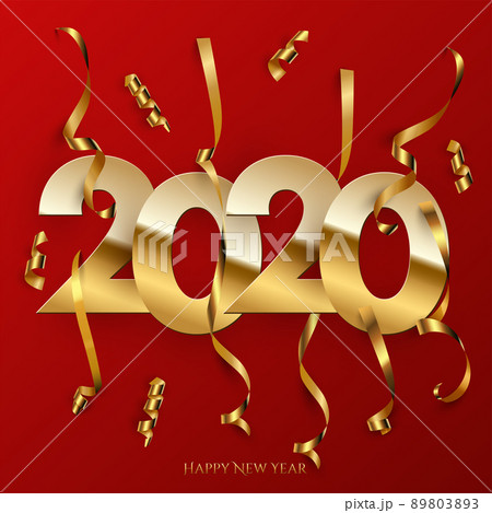 2020 New Year poster template. Vector golden 2020 sign with golden serpentine pieces isolated on red background. 89803893