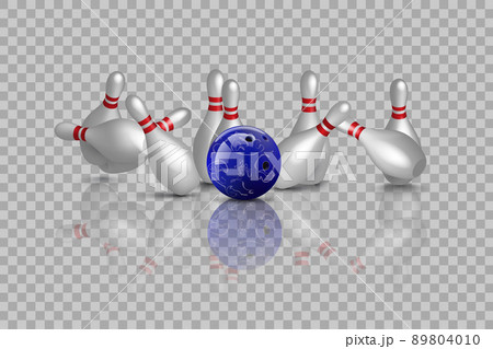 Bowling strike with mirror reflection isolated on transparent background. Vector bowling design element. 89804010