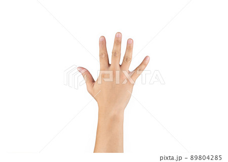 Asian back hand shows and counts 5 (five) sign on finger on isolated white background. Clipping path Asian back hand shows and counts 5 (five) sign on finger on isolated white background. Clipping path 89804285